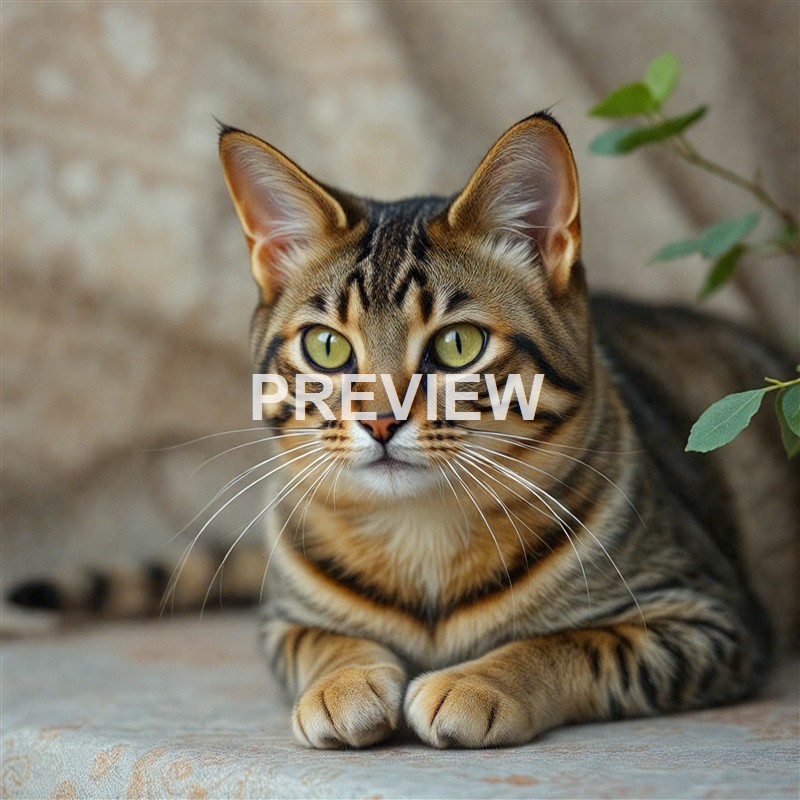 A close-up of a domestic cat with striking green eyes and a distinctive striped coat, resting on a surface with some green leaves nearby.